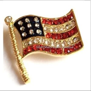 Gold American Flag Pin Brooch Crystal Enamel USA
